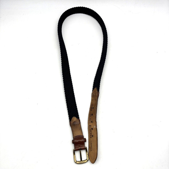 1995 Land's End 37866 Navy Blue Stretch Brown Leather Brass Buckle Belt Men's 38 - Picture 15 of 16